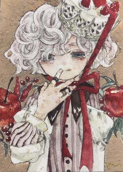 Rule 34 | 1boy, :q, acrylic paint (medium), apple, blush, bow, bowtie, brown background, brown eyes, cake, cherry, commentary request, crown, curly hair, food, fruit, highres, jewelry, karintoun, long sleeves, looking at viewer, original, painting (medium), parted bangs, red ribbon, ribbon, ring, shirt, short hair, signature, simple background, straight-on, striped clothes, striped shirt, tongue, tongue out, traditional media, upper body, watercolor (medium), white hair