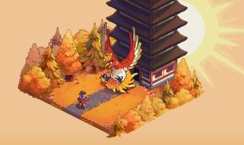 1boy animated artist_collaboration backwards_hat bird building ethan_(pokemon) flying gen_2_pokemon hat ho-oh holding holding_poke_ball illufinch isometric jdzombi legendary_pokemon looping_animation nintendo orange_theme pixel_art poke_ball poke_ball_(basic) pokemon pokemon_(creature) pokemon_gold/silver/crystal tagme tree video warm_colors