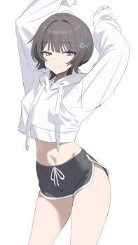 1girl arms_up black_hair black_shorts blue_eyes closed_mouth commentary_request contrapposto cowboy_shot crop_top crop_top_overhang cropped_hoodie dolphin_shorts drawstring ev_(dai00888) highres hood hood_down hoodie looking_at_viewer midriff navel original short_hair short_shorts shorts simple_background smile solo stomach thighs white_background white_hoodie