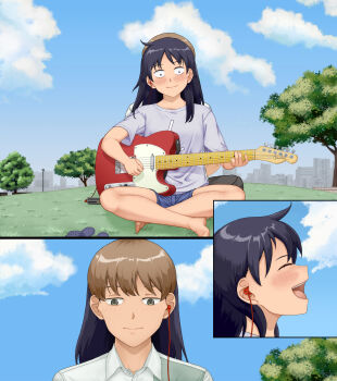 Rule 34 | 1boy, 1girl, absurdres, back-to-back, barefoot, black hair, blue shorts, blue sky, blush, brown hair, cityscape, collared shirt, commentary request, dress shirt, earphones, electric guitar, fender musical instruments corporation, fender telecaster, full body, futsuu no keion-bu, grass, guitar, guitar strap, hatono chihiro, highres, indian style, instrument, long hair, multiple views, music, outdoors, park, playing guitar, playing instrument, profile, shared earphones, shirt, short sleeves, shorts, sitting, sky, smile, t-shirt, takami kouki, textless version, toumi (sr), tree, white shirt