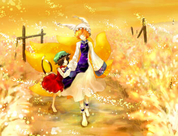 2girls :d animal_ears ankle_cuffs ankle_garter arm_grab holding_another's_arm barefoot blonde_hair bow brown_eyes brown_hair cat_ears cat_girl cat_tail chen dress closed_eyes female_focus fox_tail frills hat highres multiple_girls multiple_tails open_mouth petals short_hair smile tail touhou wakatomo walking yakumo_ran