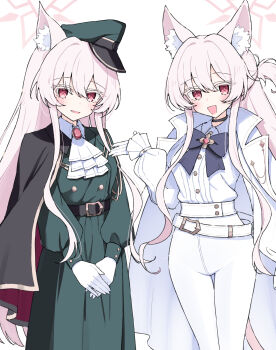 1girl akira_(blue_archive) akira_(miria)_(blue_archive) animal_ear_fluff animal_ears ascot black_cape blue_archive blue_bow blush bow cape cat_ears cat_girl cat_tail coat commentary gloves green_coat green_hat hair_between_eyes half_updo halo hat highres jacket jacket_on_shoulders long_hair looking_at_viewer official_alternate_costume official_alternate_hairstyle open_mouth pants peaked_cap pink_hair pink_halo red_eyes sateto_(user_knrf2332) shirt side_cape sidelocks tail white_ascot white_gloves white_jacket white_pants white_shirt