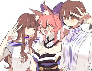 +_+ 1boy 2girls animal_ear_fluff animal_ears bare_shoulders belt black_sash blue_choker blunt_bangs blush blush_stickers bow breasts brown_eyes brown_hair choker cleavage closed_mouth collarbone commentary_request detached_sleeves dress dual_persona fate/extra fate_(series) fingernails fox_ears fox_girl fox_tail frills hair_between_eyes hair_bow hand_up japanese_clothes kimono kishinami_hakuno_(female) kishinami_hakuno_(male) large_bow large_breasts long_hair long_sleeves looking_at_viewer low_ponytail medium_breasts multiple_girls off-shoulder_dress off_shoulder one_eye_closed open_mouth pink_hair ponytail purple_bow purple_kimono purple_sleeves sash shirt short_hair sidelocks simple_background sleeveless sleeveless_kimono smile tail tamamo_no_mae_(fate) tongue uncle129 upper_body v v-shaped_eyebrows wavy_hair white_background white_dress white_shirt wide_sleeves yellow_belt yellow_eyes