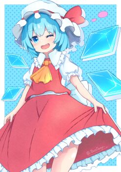 1girl alternate_costume ascot blue_eyes blue_hair blush boss9331 cirno collared_shirt commentary_request cosplay detached_wings dress fang flandre_scarlet flandre_scarlet_(cosplay) frilled_shirt_collar frilled_skirt frills hat highres ice ice_wings medium_hair mob_cap one_eye_closed open_mouth puffy_sleeves red_skirt red_vest shirt skirt skirt_hold smile touhou twitter_username vest white_dress white_hat wings yellow_ascot