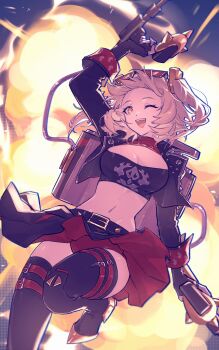 Rule 34 | 1girl, belt, black belt, black gloves, black jacket, black skirt, black thighhighs, black tube top, blonde hair, breasts, burnice white, cleavage, crop top, explosion, eyewear on head, fire, flamethrower, gloves, highres, holding flamethrower, holding weapon, jacket, looking at viewer, mao (expuella), navel, open mouth, orange eyes, red-tinted eyewear, short hair, skirt, smile, solo, spiked jacket, strapless, sunglasses, thighhighs, tinted eyewear, tube top, twintails, weapon, zenless zone zero