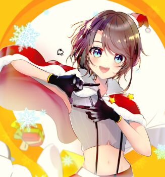 Rule 34 | 1girl, :d, armpits, artist name, black gloves, blue eyes, blush, box, brown hair, cape, cropped shirt, curtained hair, emutakanoe, finger frame, fur-trimmed cape, fur trim, gift, gift box, gloves, grey shirt, hat, highres, hololive, looking at viewer, midriff, navel, oozora subaru, oozora subaru (suspenders), open mouth, orange background, pinstripe pattern, pinstripe shirt, red cape, red shorts, santa hat, shirt, short hair, shorts, signature, sleeveless, sleeveless shirt, smile, snowflakes, solo, star (symbol), suspender shorts, suspenders, swept bangs, upper body, virtual youtuber, white background
