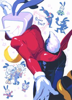 1girl 2others 5boys animal_ears ant_tenna artist_name black_hat black_pants blue_dress blue_jacket blue_pants blue_skin blush blush_stickers boots bunny_day closed_eyes closed_mouth colored_skin commentary crt dated deltarune dress elnina_(deltarune) english_commentary from_behind gloves green_eyes green_pippins hat heart itsuki_(nightlight) jacket lanino_(deltarune) long_sleeves looking_back multiple_boys multiple_others necktie object_head open_mouth pants pippins_(deltarune) pointy_nose rabbit_ears rabbit_tail ramb_(deltarune) shadowguy_(deltarune) shoes simple_background smile star_(symbol) tail tailcoat twitter_username utdr_(toby_fox) white_background white_gloves white_hair yellow_boots yellow_necktie yellow_shoes yellow_skin zapper_(deltarune)