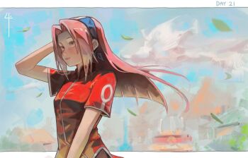 1girl arm_behind_head black_shorts blue_hairband blunt_ends border breasts closed_mouth dress falling_leaves green_eyes hairband haruno_sakura highres leaf light_smile long_hair medium_breasts naruto_(classic) naruto_(series) outdoors parted_bangs pink_hair red_dress shitakara4 short_sleeves shorts solo upper_body white_border