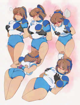 ! 1girl 1other arle_nadja armor ass bdsm blue_bow blue_buruma blue_shirt blush bondage bound bound_wrists bow breasts brown_hair buruma closed_eyes closed_mouth commentary covered_erect_nipples cropped_legs disembodied_hand ear_blush embarrassed grabbing_another's_breast grabbing_from_behind groping gym_shirt gym_uniform hair_bow hakunetsu!_puyolympic! highres large_breasts legs_together medium_hair molestation multiple_views nipple_stimulation nipple_tweak nipple_tweak_through_clothes open_mouth pink_rope ponytail puyopuyo rope shimadai587779 shirt shirt_tucked_in short_ponytail short_sleeves single_shoulder_pad socks solo_focus spoken_exclamation_mark standing sweat thighs tight_clothes turning_head two-tone_shirt white_background white_shirt white_socks