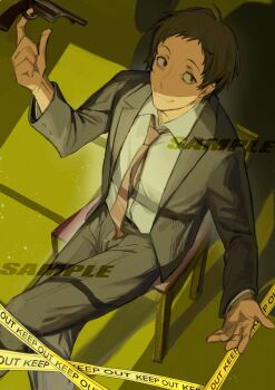 1boy absurdres adachi_tooru baobing black_eyes black_jacket black_pants brown_hair caution_tape chair chinese_commentary closed_mouth collared_shirt commentary_request feet_out_of_frame film_grain from_above gun handgun highres jacket long_sleeves male_focus necktie on_chair open_clothes open_jacket pants persona persona_4 red_necktie sample_watermark shirt short_hair sitting smile solo watermark weapon white_shirt