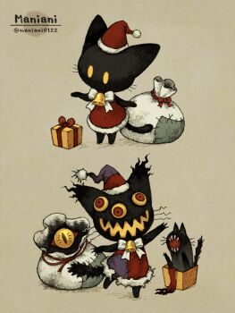 animal_ears artist_name bag bell cat cat_tail christmas colored_sclera commentary dress english_commentary extra_eyes fur-trimmed_dress fur_trim hat highres maniani monster no_humans open_mouth original red_eyes red_hat santa_costume santa_hat sharp_teeth simple_background tail teeth yellow_sclera