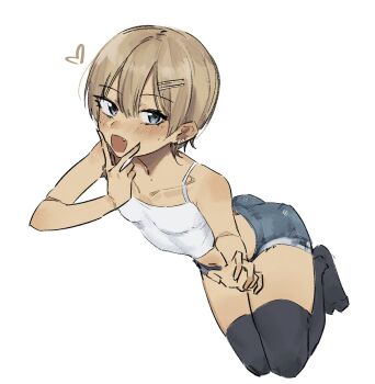 1boy :d alternate_hairstyle ass bare_arms bare_shoulders black_thighhighs blonde_hair blue_eyes blue_shorts blush camisole collarbone commentary cutoffs denim denim_shorts english_commentary fang full_body hair_between_eyes hair_ornament hairclip hand_to_own_mouth heart highres midriff mole mole_under_eye nabi_(xcider) navel no_shoes open_mouth original parallel_hairclips short_hair short_shorts shorts simple_background smile solo spaghetti_strap thighhighs trap v v_over_mouth white_background white_camisole xcider