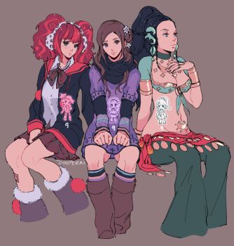 Rule 34 | artist name, black hair, black jacket, black scarf, boots, braid, breasts, brown background, brown boots, brown hair, chibi, chibi inset, choker, cleavage, clip studio paint (medium), closed mouth, clothes around waist, collared shirt, commentary, cropped legs, dixoterin, drawstring, dress, earmuffs, earrings, english commentary, eyelashes, facial mark, flower, front-tie top, fur-trimmed boots, fur trim, green choker, green eyes, green pants, hair bun, hair flower, hair ornament, hand on own chest, jacket, jewelry, kashiwabara nona, kurashiki akane, kyokugen dasshutsu, kyokugen dasshutsu: 9 jikan 9 nin 9 no tobira, long hair, long sleeves, midriff, multicolored hair, multicolored socks, multiple girls, navel, neck ribbon, open clothes, open jacket, pants, pink hair, plaid clothes, plaid ribbon, plaid skirt, pom pom (clothes), pom pom drawstring, ponytail, purple boots, purple dress, purple eyes, red hair, red skirt, ribbon, scarf, shirt, short sleeves, simple background, single side bun, sitting, skirt, socks, twin braids, twintails, two-tone hair, white shirt, yashiro (kyokugen dasshutsu), yotsuba (kyokugen dasshutsu)