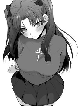 1girl absurdres arm_behind_back blush breasts commentary_request cowboy_shot fate/stay_night fate_(series) from_above greyscale hair_ribbon head_tilt highres holding_own_arm long_hair looking_at_viewer medium_breasts monochrome pleated_skirt pout ribbon skirt solo sweatdrop sweater thighhighs tohsaka_rin turtleneck turtleneck_sweater twintails two_side_up u-sora