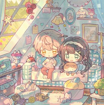 2girls :d absurdres bai_yang_zi black_hair blue_eyes blue_shirt blue_socks blunt_bangs blush_stickers brown_hair cat chibi chibi_only chiikawa cinnamoroll collared_shirt couch day double-parted_bangs full_body fuwa_fuwa_cinnamoroll hairband highres indoors knitting lying momonga_(chiikawa) multiple_girls my_melody on_stomach onegai_my_melody open_mouth orange_eyes original pants parted_lips red_pants sanrio shirt short_hair sitting slippers smile socks watermark white_hairband white_shirt white_slippers