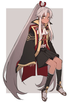 1boy absurdres aged_down amakusa_shirou_(fate) amakusa_shirou_(third_ascension)_(fate) black_coat black_shorts brown_eyes coat commentary_request dark-skinned_male dark_skin fate/apocrypha fate_(series) grey_socks high_ponytail highres invisible_chair long_hair male_focus ponytail sandals shorts sidelocks sitting socks solo tofu_(bean359) very_long_hair white_hair wide_sleeves
