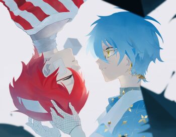 2boys bandage_on_face bandaged_head bandaged_neck bandages blue_hair closed_eyes commentary earrings fishnet_gloves fishnets from_side frown glasses gloves gomisyori_1 green_eyes hair_between_eyes hashtag-only_commentary highres ike_eveland ike_eveland_(1st_costume) indie_utaite jewelry looking_at_another male_focus multiple_boys nijisanji nijisanji_en parted_lips profile red_hair red_shirt rotational_symmetry shirt short_hair smile striped_clothes striped_shirt upper_body virtual_youtuber voice_actor_connection white_background white_shirt xandu_(utaite)