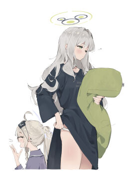 2girls adjusting_clothes adjusting_panties blue_archive body_pillow brown_hair commentary_request cowboy_shot expressionless glasses green_eyes grey_hair halo hare_(blue_archive) hare_(pajamas)_(blue_archive) highres holding holding_pillow kotama_(blue_archive) kotama_(pajamas)_(blue_archive) long_hair long_sleeves multiple_girls official_alternate_costume one_eye_closed pajamas panties pillow sanpo_(sanpo_1027) squeans tearing_up underwear white_panties yawning