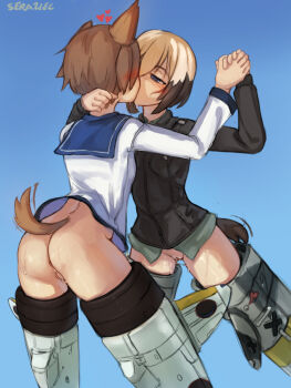 2girls ass blonde_hair blue_eyes blush bottomless breasts brown_hair dog_tail dress erica_hartmann flying highres holding_hands kiss looking_at_another military military_uniform miyafuji_yoshika multicolored_hair multiple_girls no_panties pussy sailor_dress seraziel sky small_breasts strike_witches striker_unit tail world_witches_series yuri