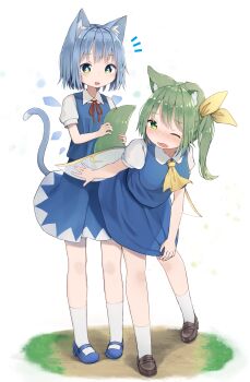 +_+ 2girls ;o animal_ear_fluff animal_ears ascot blue_hair blue_shorts blue_skirt blue_vest blush breasts brown_shoes cat_ears cat_girl cat_tail cirno commentary daiyousei detached_wings dog_ears dog_girl dog_tail fairy fairy_wings full_body grabbing_another&#039;s_tail green_hair highres ice ice_wings kemonomimi_mode leaning_forward lifted_by_tail loafers mamemochi mary_janes medium_breasts medium_hair multiple_girls multiple_wings neck_ribbon nose_blush notice_lines one_eye_closed outdoors red_ribbon ribbon shirt shoes short_hair short_sleeves shorts skirt skirt_set smile socks tail tail_under_clothes touhou vest white_shirt white_socks wings yellow_ascot