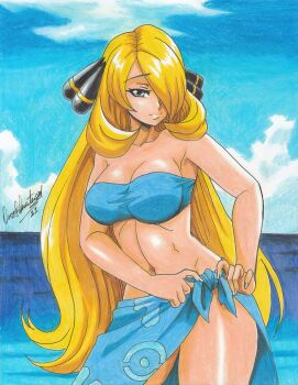 Rule 34 | 1girl, 2021, absurdres, adjusting clothes, adjusting swimsuit, beach, bikini, blonde hair, blue bikini, breasts, cosplay, cynthia (pokemon), grey eyes, hair over one eye, highres, large breasts, legs, long hair, looking at viewer, navel, nintendo, ocean, phoebe (pokemon), phoebe (pokemon) (cosplay), pokemon, pokemon dppt, pokemon rse, ravernclouk design, sarong, signature, smile, solo, swimsuit, thighs, traditional media, water