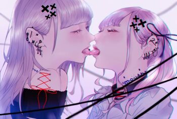 Rule 34 | 2girls, barbell piercing, black choker, black ribbon, black shirt, choker, closed eyes, commentary, cross, cross earrings, cross piercing, ear piercing, earrings, eyelashes, french kiss, from side, hair ribbon, jewelry, kiss, latin cross, long hair, mano aaa, multiple earrings, multiple girls, neck tattoo, nose, off-shoulder shirt, off shoulder, original, piercing, pink hair, portrait, purple hair, ribbon, shirt, short sleeves, sidelocks, stitches, stud piercings, tattoo, tongue, tongue out, tongue piercing, twintails, white background, white shirt, yuri