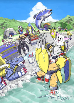 Rule 34 | absurdres, agumon, andromon, armor, betamon, claws, digimon, digimon (creature), fish, fishing, gaomon, gomamon, gottsumon, green eyes, happy, hat, highres, horns, jijimon, labramon, ladydevimon, looking at another, metalgarurumon, palmon, renamon, sharp teeth, smile, teeth, wargreymon