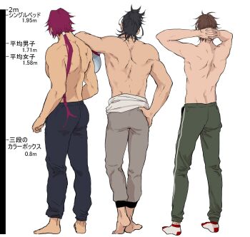 Rule 34 | 3boys, arms behind back, back, bara, bare shoulders, barefoot, blue hair, brown hair, high ponytail, highres, leaning on person, long hair, looking back, male focus, measurements, multiple boys, nihongou (touken ranbu), otegine, pants, pink hair, ponytail, socks, tan matsu, tonbokiri (touken ranbu), topless female, topless male, touken ranbu, translation request, white background