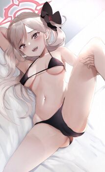 1girl arm_behind_head black_bra black_flower black_panties blue_archive blush bra breasts breasts_apart brown_eyes commentary_request eyebrows flower hair_flower hair_ornament halo highres holding_leg lifting_own_clothes light_brown_hair long_hair looking_at_viewer lying medium_breasts mutsuki_(blue_archive) on_bed on_side open_mouth panties shiny_skin solo spread_legs string string_panties take_(trude1945oneetyan) teeth twintails underwear upper_teeth_only