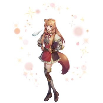 1girl animal_ear_fluff animal_ears armor armored_boots armored_gloves artist_request belt black_dress blunt_bangs boots breastplate breasts brown_belt brown_boots brown_gloves brown_hair collared_dress dress elbow_gloves eyelashes full_body game_cg gloves gold_trim grey_boots grey_gloves hands_on_own_hips high_collar huffing layered_dress light_particles long_hair long_sleeves looking_at_viewer metal_arm_cuffs metal_hair_tubes metal_wrist_cuffs multicolored_boots multicolored_gloves neck_ribbon official_art open_mouth pauldrons pink_eyes pinstripe_dress pinstripe_pattern raccoon_ears raccoon_girl raccoon_tail raphtalia red_dress red_ribbon ribbon short_dress shoulder_armor simple_background single_pauldron sleeveless sleeveless_dress small_breasts solo sparkle standing straight_hair tail tate_no_yuusha_no_nariagari tate_no_yuusha_no_nariagari_rerise thigh_boots thighhighs transparent_background two-tone_dress white_dress zettai_ryouiki