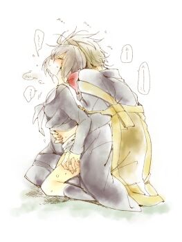 1boy 1girl black_socks closed_eyes hair_ornament implied_sex kiguchiko koto_(kyousougiga) kyousougiga long_hair miniskirt monk myoue pale_color ponytail simple_background skirt socks source_request speech_bubble sweat sweatdrop torso_grab white_background white_skirt