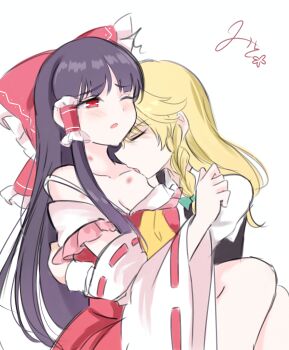 2girls ascot black_vest blonde_hair blush bow braid breasts brown_hair cleavage commentary_request detached_sleeves frilled_bow frilled_hair_tubes frills green_bow hair_bow hair_tubes hakurei_reimu hickey highres hug kirisame_marisa licking licking_shoulder long_hair long_sleeves mito_(fate) multiple_girls no_headwear off_shoulder one_eye_closed open_mouth red_bow red_eyes red_skirt ribbon-trimmed_sleeves ribbon_trim shirt side_braid signature simple_background single_braid skirt skirt_set touhou vest white_background white_shirt yellow_ascot yuri