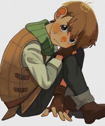 Rule 34 | 1boy, armor, blush, boots, brown eyes, brown footwear, brown gloves, brown hair, chilchuck tims, closed mouth, dungeon meshi, fingerless gloves, gloves, grey background, hair between eyes, halfling, highres, inu suki, leather armor, long sleeves, looking at viewer, male focus, pants, shirt, shoes, simple background, sitting, solo, sweat
