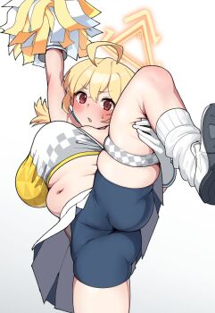 1girl ahoge ass bike_shorts blonde_hair blue_archive blush breasts cheerleader hair_between_eyes halo highres kotori_(blue_archive) kotori_(cheer_squad)_(blue_archive) large_breasts medium_hair millennium_cheerleader_outfit_(blue_archive) naga_1illust navel pleated_skirt plump pom_pom_(cheerleading) pump red_eyes simple_background skirt standing standing_on_one_leg upskirt white_background