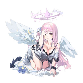 1girl angel_wings blue_archive blue_bow blush bow breasts capelet cleavage collarbone dress feathered_wings gold_trim hair_bun halo highres lingerie long_hair looking_at_viewer low_wings mania_(fd6060_60) medium_breasts mika_(blue_archive) negligee open_mouth pink_hair pink_halo scrunchie simple_background single_hair_bun single_side_bun smile solo underwear very_long_hair white_background white_capelet white_dress white_wings wings wrist_scrunchie