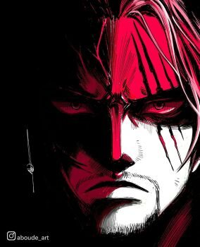 1boy aboude_art artist_name beard closed_mouth commentary connected_beard facial_hair highres instagram_logo instagram_username limited_palette male_focus one_piece red_hair scar scar_across_eye scar_on_face shanks_(one_piece) short_hair signature solo