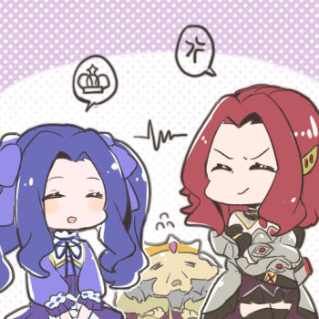 1boy 2girls :d anger_vein armor aultcray_melromarc_(tate_no_yuusha_no_nariagari) black_skirt black_thighhighs breastplate chibi clash closed_eyes closed_mouth commentary_request confrontation cowboy_shot crown dotted_background dress flying_sweatdrops grey_hair hair_ornament hairclip king lightning_glare long_hair long_sleeves lowres malty_s_melromarc medium_hair melty_q_melromarc miniskirt multiple_girls neck_ribbon old old_man open_mouth pink_background pleated_skirt purple_dress purple_hair purple_ribbon purple_robe red_hair ribbon rivalry robe sheath siblings sisters skirt smile speech_bubble tate_no_yuusha_no_nariagari thighhighs two-tone_background upper_body vambraces white_background zettai_ryouiki zourimushi_dd