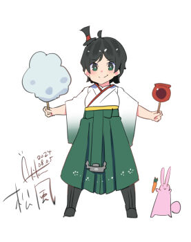 Rule 34 | 1girl, absurdres, black footwear, black hair, blush, candy, candy apple, character name, cotton candy, dated, food, green eyes, green hakama, hakama, hat, highres, holding, holding candy, holding food, inica, japanese clothes, kantai collection, kimono, matsukaze (kancolle), meiji schoolgirl uniform, mini hat, mini top hat, one-hour drawing challenge, rabbit, short hair, signature, smile, top hat, white background, white kimono