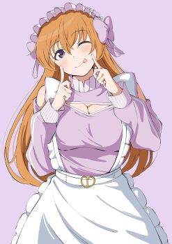 1girl ;) ;p absurdres bare_shoulders bow breasts brown_hair cleavage cleavage_cutout clothing_cutout commentary cowboy_shot dress fingers_to_cheeks hair_bow head_tilt highres jersey_maid konoe_kanata large_breasts long_hair long_sleeves looking_at_viewer love_live! love_live!_nijigasaki_high_school_idol_club maid maid_headdress official_alternate_costume one_eye_closed purple_bow purple_dress purple_eyes shoulder_cutout smile solo tongue tongue_out uchuu_no_mozuku unconventional_maid very_long_hair