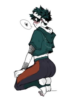 1boy alternate_costume ass boku_no_hero_academia green_hair heart highres leggings looking_at_viewer male_focus midoriya_izuku shoe_soles short_hair solo spacenipnops spoken_heart toenails