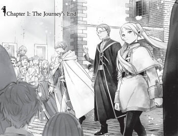 3girls 6+boys abe_tsukasa belt blue_eyes building cape capelet chapter_number commentary crowd dwarf earrings eisen_(sousou_no_frieren) elf fake_horns frieren glasses heiter helmet himmel_(sousou_no_frieren) horned_headwear horned_helmet horns jewelry long_hair long_sleeves looking_at_viewer monochrome multiple_boys multiple_girls numbered official_art outdoors pantyhose parade people pointy_ears robe shoes short_hair sousou_no_frieren teardrop_earrings twintails walking window