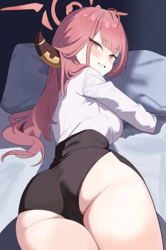1girl absurdres ahoge allen_(user_rtdw8823) aru_(blue_archive) ass ass_focus bed_sheet black_shorts blue_archive blush breasts halo high-waist_shorts highres horns long_hair lying medium_breasts naughty_face on_bed on_stomach orange_eyes parted_lips pillow pink_hair shirt shorts smile solo v-shaped_eyebrows white_shirt