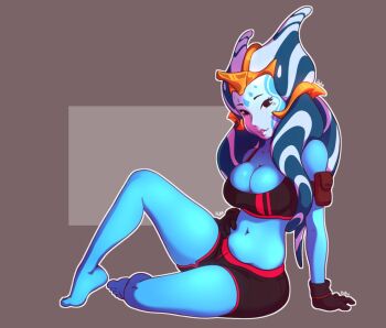 1girl alien black_gloves black_shorts black_sports_bra blue_skin brown_background colored_skin commentary english_commentary gloves justrube looking_at_viewer short_shorts shorts sitting snooker_(rube) solo sports_bra star_wars togruta two-tone_background