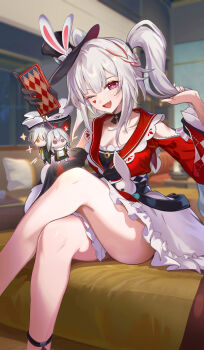 1girl black_gloves breasts caelus_(honkai:_star_rail) cleavage commentary_request crossed_legs dress feet_out_of_frame gloves grey_hair hat heart heart-shaped_pupils highres holding honkai:_star_rail honkai_(series) indoors long_hair long_sleeves looking_at_viewer medium_breasts mefuichi mini_hat mini_top_hat one_eye_closed open_mouth pink_eyes red_dress single_glove smile solo sparkle_(honkai:_star_rail) sparxie_(honkai:_star_rail) stelle_(honkai:_star_rail) symbol-shaped_pupils tilted_headwear top_hat trailblazer_(honkai:_star_rail) twintails