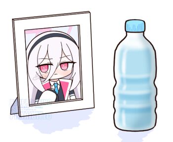 1girl achilles_(yosshyachillesd) black_hairband blazer blue_archive blue_necktie blush bottle commentary double-parted_bangs hair_between_eyes hairband halo jacket kei_(blue_archive) kei_(new_body)_(blue_archive) long_hair_between_eyes necktie object_focus photo_(object) pink_eyes ringed_eyes shirt solo upper_body water_bottle watermark white_hair white_shirt