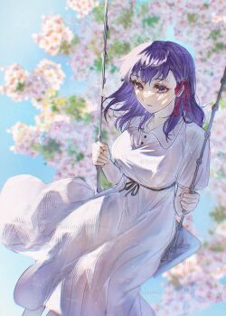 absurdres breasts cherry_blossoms commentary dress expressionless fate/stay_night fate_(series) hair_ribbon hatsumi_aoi highres long_hair matou_sakura on_swing purple_eyes purple_hair ribbon sitting swing tree white_dress