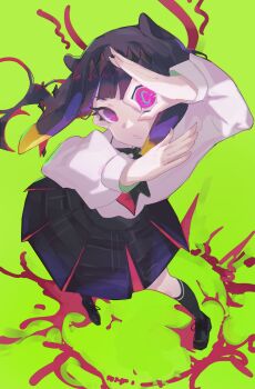 1girl absurdres arms_up black_ribbon black_shoes black_skirt black_socks collared_shirt commentary contrapposto dated_commentary dress_shirt from_above full_body gradient_hair green_background highres hololive hololive_english kneehighs loafers long_hair looking_at_viewer multicolored_hair neck_ribbon ninomae_ina'nis ninomae_ina'nis_(school_uniform) official_alternate_costume orange_hair pinepizza pink_eyes plaid_clothes plaid_skirt pleated_skirt pointy_ears purple_hair ribbon school_uniform shirt shirt_tucked_in shoes sidelocks simple_background skirt socks solo standing tentacle_hair virtual_youtuber white_shirt