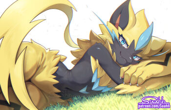 1girl :3 animal_ears animal_nose artist_name black_fur blue_eyes body_fur cat_ears cat_girl chromatic_aberration claws closed_mouth crossed_arms fang fang_out female_focus furry furry_female gen_7_pokemon grass groin happy head_on_arm legendary_pokemon looking_at_viewer lying mythical_pokemon navel neck_fur nintendo on_ground on_side patreon_logo patreon_username pokemon pokemon_(creature) signature smile solo stomach suahh two-tone_fur watermark web_address whiskers white_background wide_hips yellow_fur zeraora