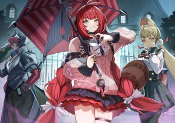 1boy 2girls absurdres alice_thymefield animal_ears black_choker black_coat black_gloves black_hair black_pants black_sailor_collar black_serafuku black_skirt blonde_hair bow bowtie braid braided_twintails cardigan choker coat commentary_request fingerless_gloves gloves green_eyes grin hair_bow hand_in_pocket heterochromia highres holding holding_umbrella jewelry komano_manato layered_skirt long_sleeves multicolored_hair multiple_girls necklace night outdoors pants pink_cardigan pleated_skirt rabbit_ears rabbit_girl red_eyes red_hair sailor_collar school_uniform serafuku shirt skirt smile thigh_strap two-tone_hair ukinami_yuzuha umbrella white_bow white_bowtie white_shirt yellow_eyes yutoriko_(candy0905) zenless_zone_zero