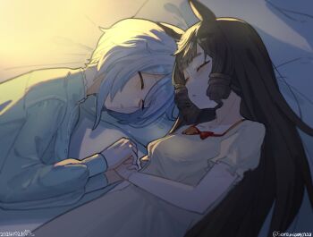 Rule 34 | 2girls, animal ears, blue hair, blue shirt, blush, breasts, brown hair, closed eyes, closed mouth, collarbone, commentary request, daiichi ruby (umamusume), dress, drill hair, hair between eyes, highres, horse ears, horse girl, k.s.miracle (umamusume), long hair, long sleeves, lying, multiple girls, nightgown, on side, saramiao-chan, shirt, short hair, short sleeves, sleeping, small breasts, umamusume, white dress, white nightgown, yuri